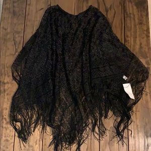 Lacey black fringe poncho, wrap, scarf